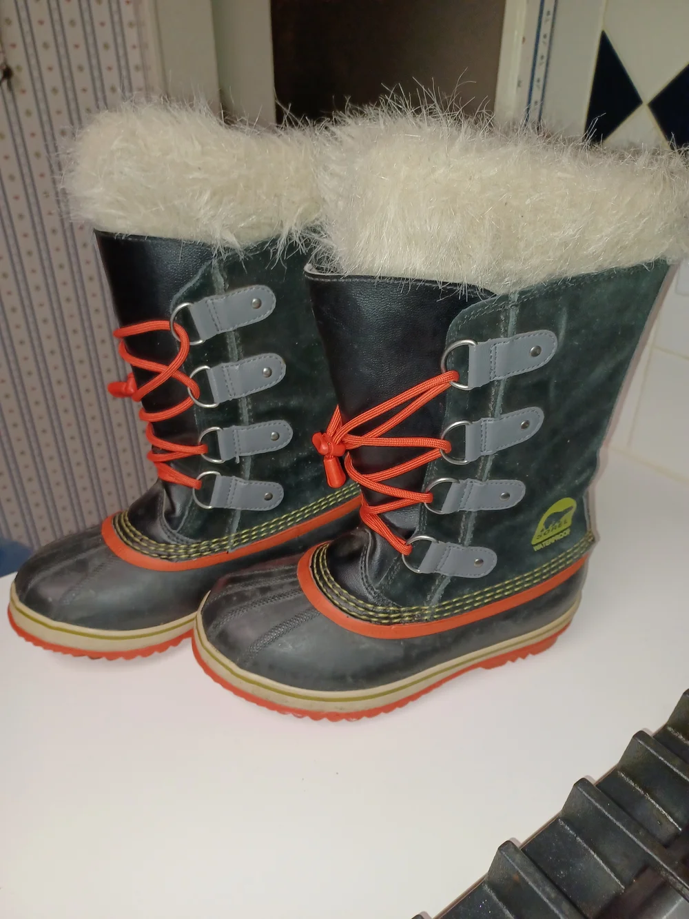 Kids Black and Orange Winter Snow Boots with Faux Fur